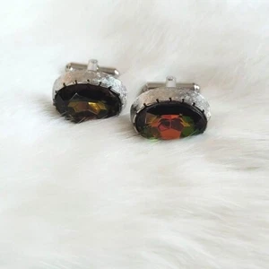 Vtg Watermelon Cufflinks Faceted Glass Oval Silver Tone Metal Old Money 11780 - Picture 1 of 7