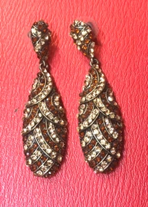 EUC amber silver crystal gold color EARRINGS 3" long Free shipping - Picture 1 of 3