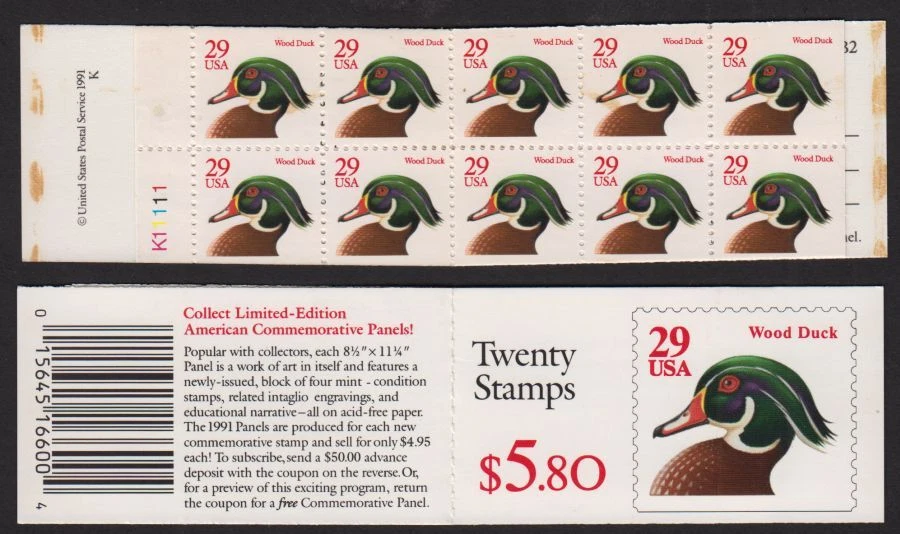 1991 DUCK BOOKLET BK175 (Sc 2485a 2 PANES) MNH plate no. K11111 - Image 1 of 1