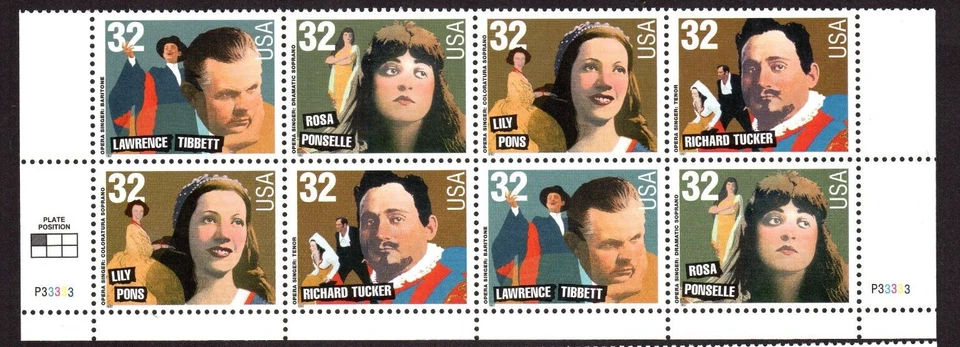 Scott #3154-3157a Opera Singers Plate Strip (Block) of 8 Stamps - MNH Bottom - Image 1 of 1