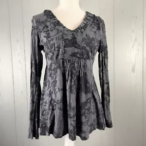 Elle 90s Y2K Babydoll Top Womens Medium Gray Floral Whimsigoth Fairy Grunge Pima - Picture 1 of 11