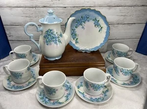 Chocolate Coffee Pot Booster 6 Cup Saucer Hand Painted Signed Forget Me Not - Picture 1 of 19