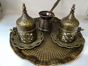 Traditional Turkish Coffee Set, Turkish Coffee Cups and Copper Coffee Pot - Picture 1 of 9
