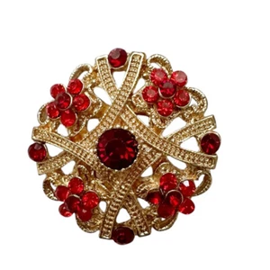Floral Blumen Brosche Anstecknadel rot goldfarben Strass Vintage - Bild 1 von 4