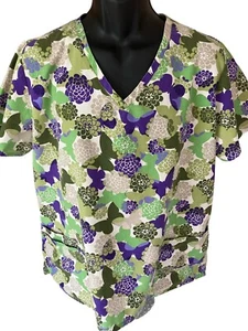 SB Scrubs Women's Large Top Purple Green Flower Butterfly V-Neck Short Sleeve - Picture 1 of 7