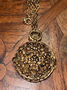 Vintage filigran antik goldfarben massiv Parfüm kompakt Medaillon Halskette - Bild 1 von 5