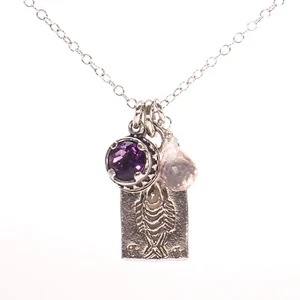 Trio Charm Silber Kette Halskette mit rosa Rosenquarz und Amethyst Lünette Set - Bild 1 von 7