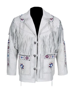 Herren Western Cowboy weiße Rindslederjacke mit Fransen, Perlen & geflochten - Bild 1 von 7