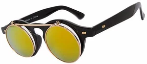 Flip Up C10 Gothic Retro Round Plastic Sunglasses Black Frame Mirror Lens - Picture 1 of 6