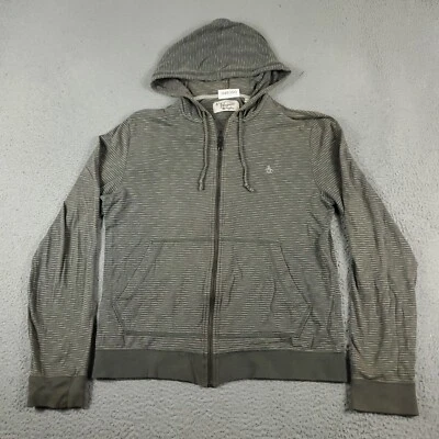 Suéter Penguin Para Hombre Talla Grande Gris Rayas Cremallera Completa Sudadera con Capucha Foto 1 de 4