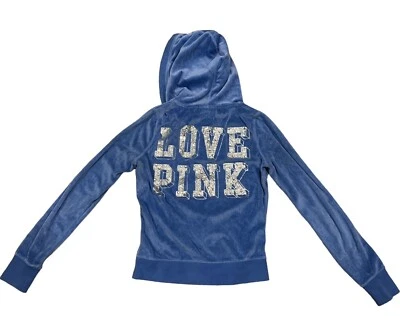 Vintage Victorias Secret Love blue Velour PINK sequin hoodie size Medium - Image 1 of 4