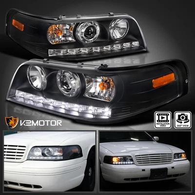 Fit 1998-2011 Ford Crown Victoria Projector Headlights Black Head Lamp LED Strip Foto 1 de 4