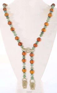 19C Chinese Silver Enamel Jade Ring Amber Jadeite Carved Carving Bead Necklace - Picture 1 of 12