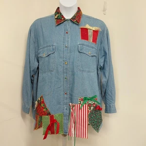 Camicia Shane Lee Inc donna 2XL blu denim toppe regalo di Natale con fiocchi.   - Foto 1 di 19