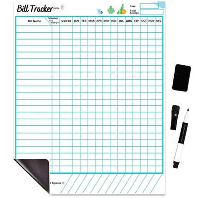 PENGUIN PLANNER Premium Quality Monthly Bill Tracker Calendar Chart Dry Erase WhiteBoard- Bil...