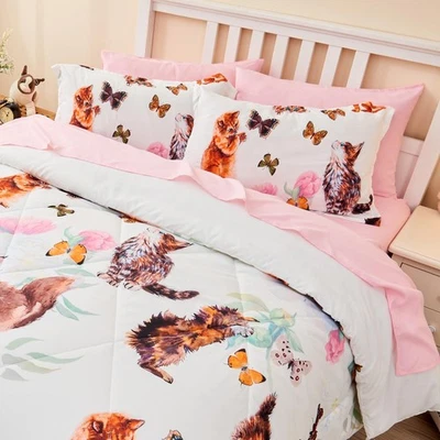 Juego de edredón para gatos de 7 piezas tamaño queen, cama en bolsa lindo gatito mariposa y f... Foto 1 de 4