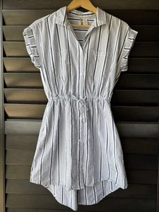 Japna Medium Blue White Stripe 100% Cotton Dress Pockets Elastic Waist - Picture 1 of 6