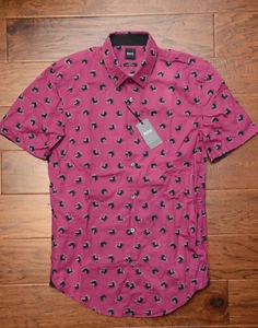 Hugo Boss Mens Ronn Short Sleeve Slim Fit Med Purple Cotton/Linen Casual Shirt L - Picture 1 of 10