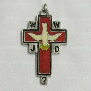 WWJD WAS WÜRDE JESUS TUN EMAILLE KREUZ ANHÄNGER SILBERFARBEN TAUBE SONNE CHRISTLICH - Bild 1 von 3