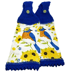 Spring Bluebird Hanging Kitchen Towel Set Crochet Top Sunflowers Blue - Picture 1 of 3