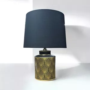 50cm Black & Gold Floral Ceramic Table Lamp with Drum Shade – Elegant Hall Light - Picture 1 of 5