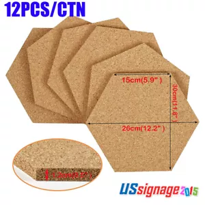 12/CTN Hexagon Cork Board 12"x10.2"-1/2" Corkboards Bulletin Boards Cork Tiles  - Picture 1 of 9