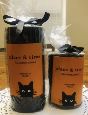 (2) NEW Halloween Black Glitter Pillar Unscented Candles by Place & Time REG $35 - Image 1 of 4