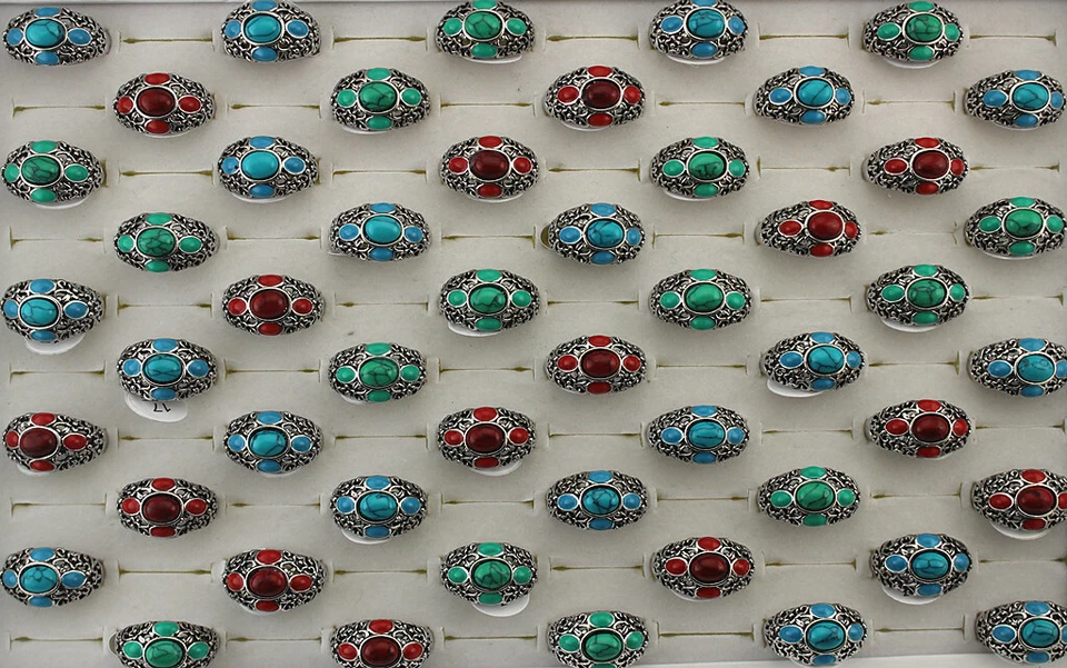 Venta al por mayor Lote de 40 piezas de anillos enchapados en plata pequeños esmaltados en piedra natural anillo para mujer Foto 1 de 4