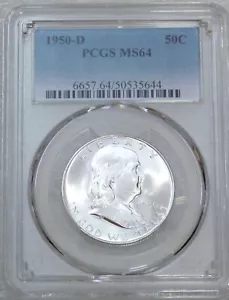 1950-D Franklin Half Dollar PCGS MS64 90% Bell Lines Frosty PQ New Holder #M91Q - Bild 1 von 4