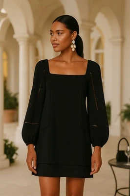 Vestido Trina Turk Manga Abullonada Corte Talla 4 Evento LBD Cóctel Boho Bruja Gótica Foto 1 de 4