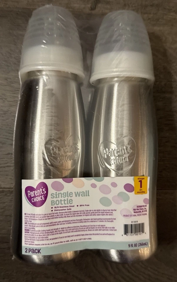 2 Stage 1 0+ Months 9oz Single Wall Baby Bottles Stainless Steel Parent's Choice - Image 1 of 2