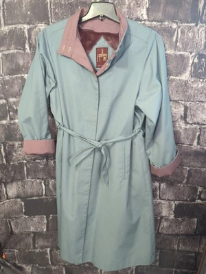 j. Gallery Vintage Blue Faux Fur Lined Belted Trench Coat Size 12 Rare! EUC! - Image 1 of 4