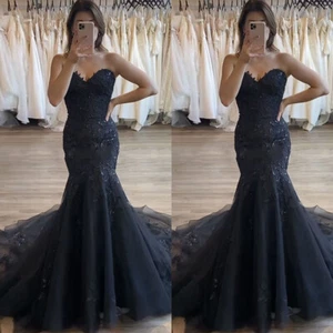 Mermaid Wedding Dresses Black Gothic Lace Applique V-Neck Strapless Bridal Gown - Picture 1 of 8