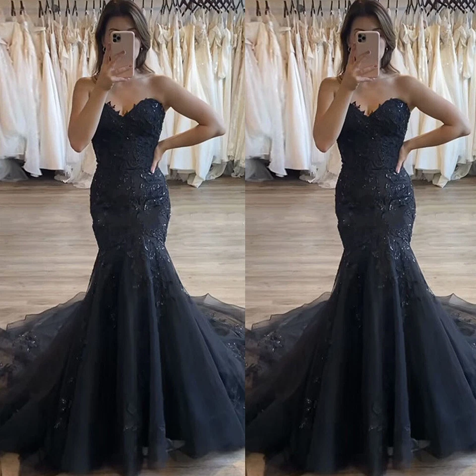 Mermaid Wedding Dresses Black Gothic Lace Applique V-Neck Strapless Bridal Gown - Image 1 of 4