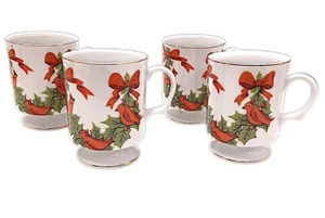 4pc LEFTON Red Cardinal Holly Berry Coffee Tea Mugs Cups Gold Trim Collector VNT - Picture 1 of 9
