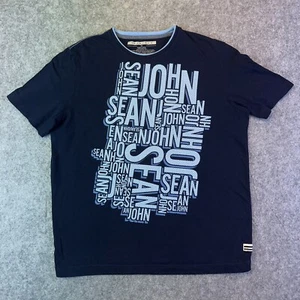 Camicia Sean John da uomo blu medio bianco manica corta spell out hip hop streetwear - Foto 1 di 9