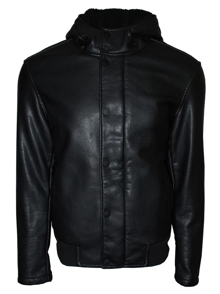 Chaqueta de cuero sintético con capucha delantera con cremallera Kenneth Cole Reaction para hombre, negra Foto 1 de 3