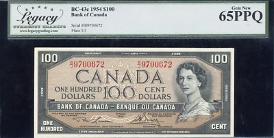1954 Bank of Canada $100 BC-43c. Legacy Gem New 65PPQ - S/N: B/J9700672 - Image 1 of 2