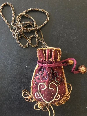 Vintage Purse Boho Chic Bag Drawstring Fringe Beaded Crossbody - Image 1 of 4