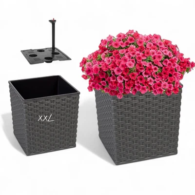 Blumenkübel Pflanzkübel Eckig mit Bewässerungssystem Rattan Optik Graphit XXL - Bild 1 von 4