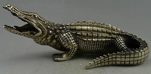 collectable Decorated Old Handwork Silver Plate Copper Carved Crocodile Statue - Picture 1 of 5