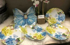 Nicole Miller Hydrangea Floral MELAMINE Dinner Plates & Platter Tray Butterfly - Picture 1 of 7