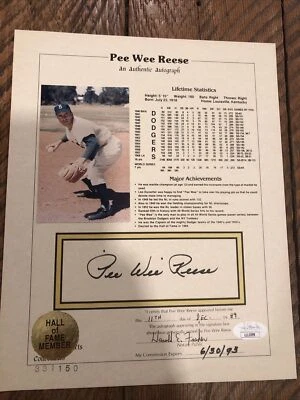 Hoja de estadísticas autografiada por Pee Wee Reese 8x10 HoF - ¡JSA impecable! Dodgers Foto 1 de 4