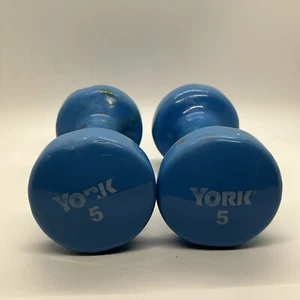 York 5lb Dumbbells (10 lbs total) Blue Rubber Coated Weights Used - Picture 1 of 21