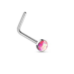 Pink Fire Opal Flat Top Surgical Steel L Shape Nose Stud Ring 20G - Picture 1 of 2