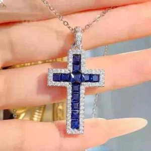 2.50Ct Princess Cut Lab Created Sapphire Cross Pendant 14K White Gold Plated - Picture 1 of 8
