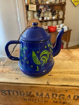 Vintage Blue Enamel Teapot – Green Bird Design – Retro – Great! – - Image 1 of 4