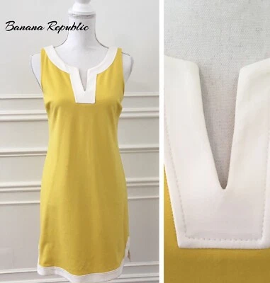 Banana Republic Solid Yellow White Sleeveless V Neck Shift Dress Women, Size 4 - Image 1 of 4