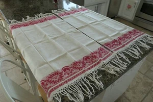PAIR~Antique Turkey Red/Cream Linen Damask TOWEL w Fringe!~NOS/UNused! 23x36"+ - Picture 1 of 13
