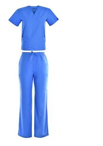 Unisex Scrub Sets Solid V-Neck Top Cargo Pant Men Women Medical Nursing Uniform 